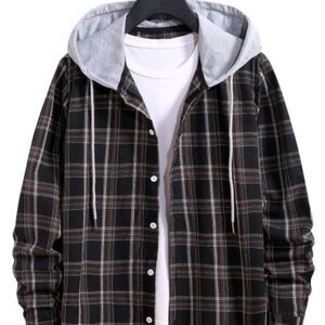 Hooded Plaid Print Button Up Drawstring Shirt